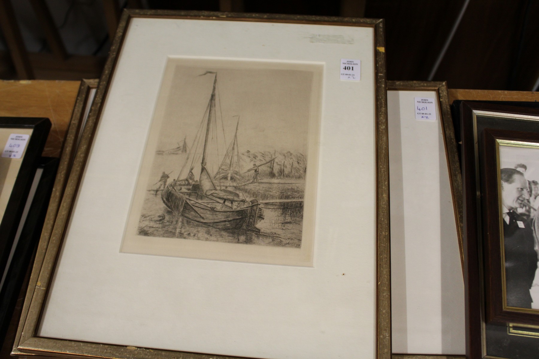 A pair of etchings depicting sailing boats