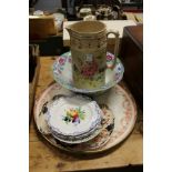 Floral decorated plates, an hors d'oeuvres dish, a cabaret tray, a jug and a bowl.