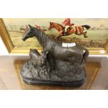 A good modern bronze sculpture, a mare and foal, on a marble base.