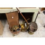 A good collection of copper and brassware to include a preserve pan, coal bucket, tankards,