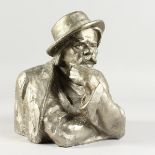 A Russian cast metal bust of a man in thoughtful pose.