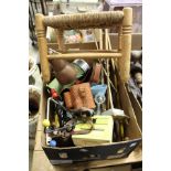 A box of miscellaneous collectables and a stool.