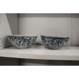 A pair of Chinese ship wreck blue and white bowls.