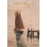 A.W. Higham, A fishing boat leaving a jetty, oil on canvas, signed, 20" x 14".