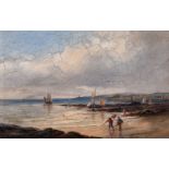 Early 20th century British school, a coastal scene with figures with nets on the beach, boats in the