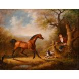 G. W. Thrip, a scene of a man and his dog with a wild horse, oil on panel, signed, 8" x 10".