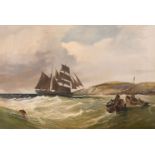 19th century school, fishing boats at work with a distant sailboat near a coastal landscape, oil