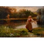 Late 19th century French school, Washerwoman collecting water, oil on canvas, indistinctly signed '