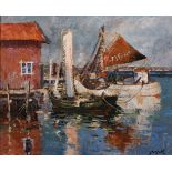 Early 20th century school, possibly Scandinavian?, Fishing boats moored at a jetty, oil on board,