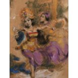 Balinese school, a scene of two female dancers in traditional costume, pastel, and pencil in a