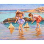 20th century continental school, A scene of young girls floating boats in a cove, oil on canvas,