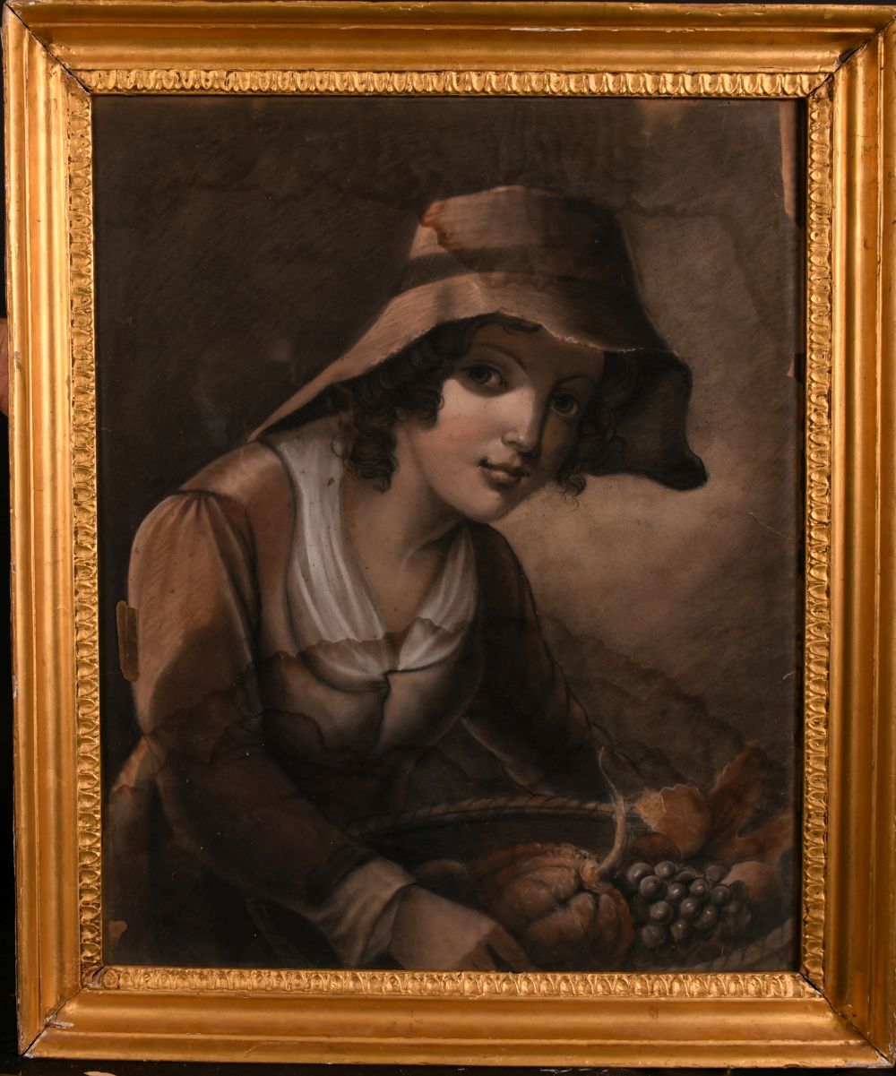 19th century English school, portrait of a girl holding a basket of fruit, Pastel, 23" x 18.5". - Image 2 of 3