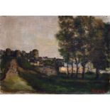 20th century continental school, a landscape with a castle by the coast, oil on canvas, indistinctly