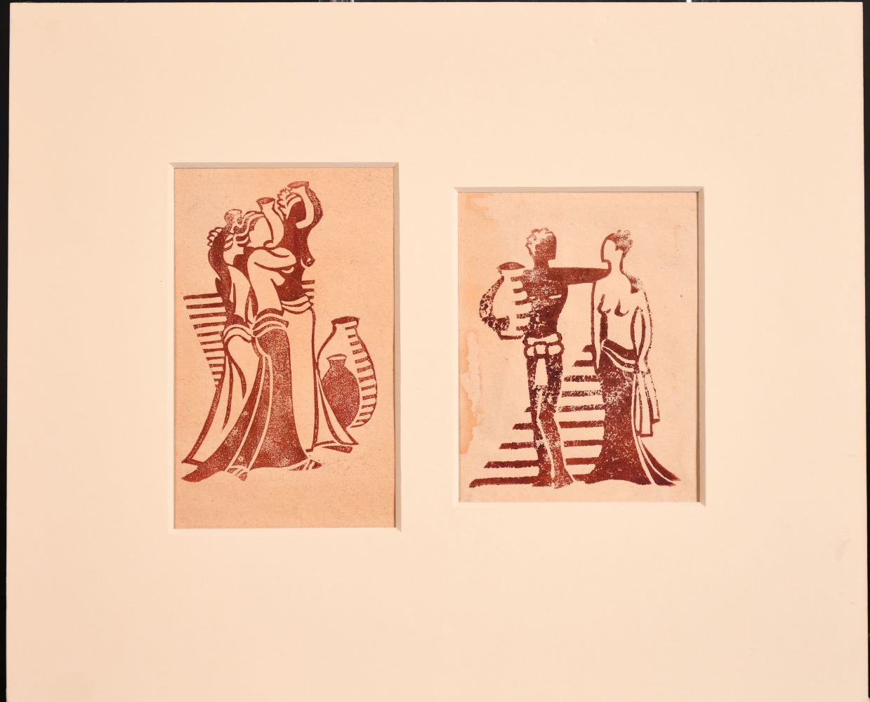 Attributed to Lill Tschudi (1911-2004) Swiss, Female figures with classical urns, linocut, one 5. - Image 2 of 3