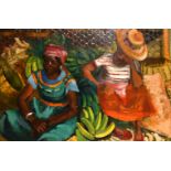 Moya Cozens (1920-1990) Jamaican, Two female figures sat amongst banana plants, oil on board,