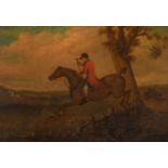 19th century English school. A huntsman on horseback clearing a hedge, oil on canvas, inscribed