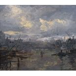 Barrington, 20th century, a view of a busy river with cranes and barges, oil on board, 12" x 13.5".