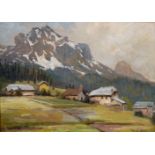 Gladys Denman (20th century) British, An Alpine scene with buildings in the foreground, oil on