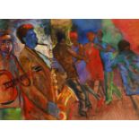 Sandy Esau (b.1968) South Africa, scene of figures dancing while a jazz band plays, mixed media,