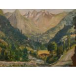 Maurice Codner (1888-1958) British, A view of an Alpine village with a river in the foreground,