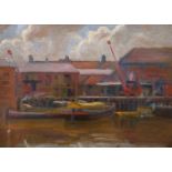 Margaret Theyne (1897-1997) Suffolk school, a scene of barges loading at a quay, oil on board,