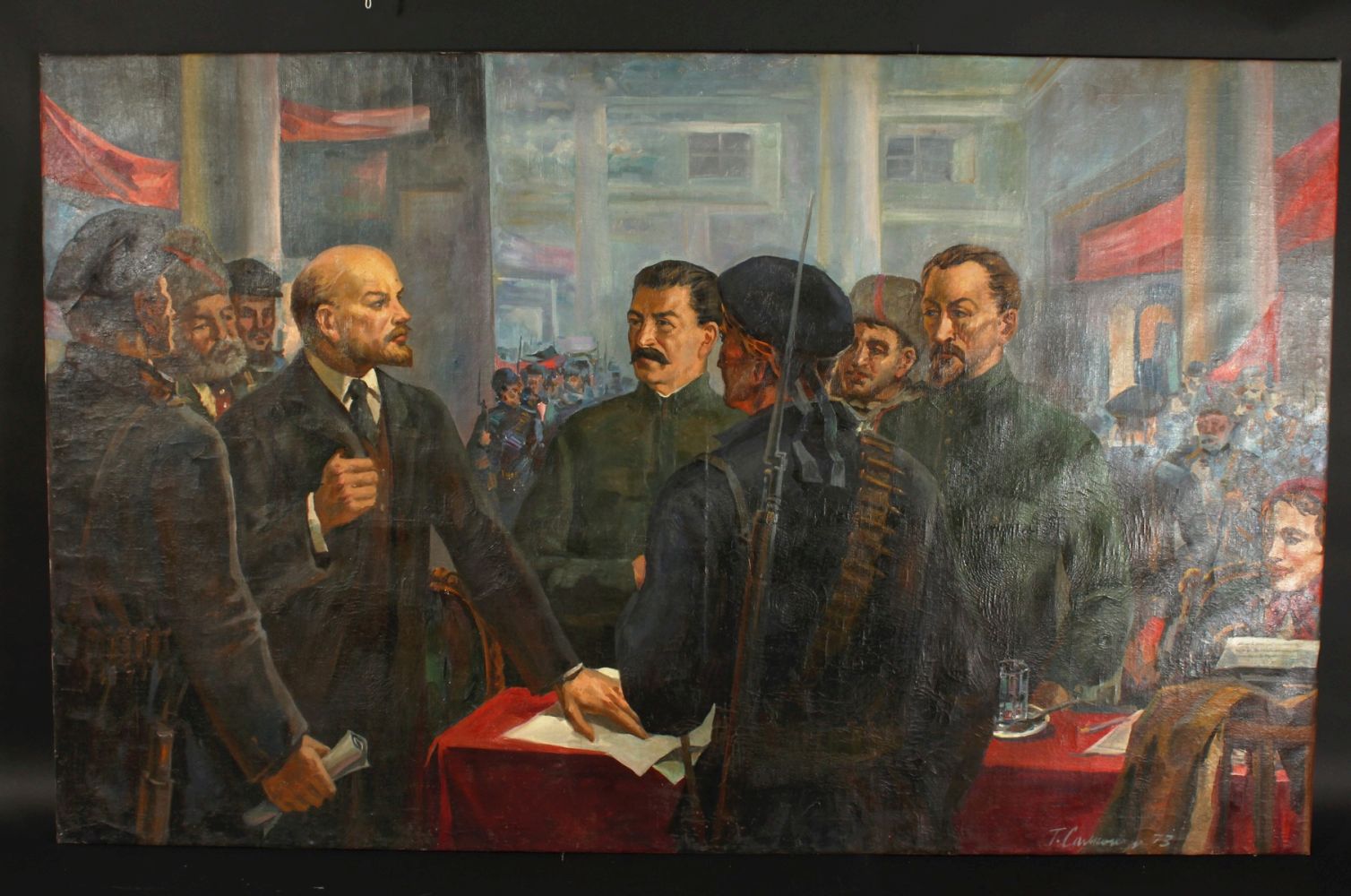 20th Century Russian School. A Scene of Lenin Commanding his Officers with a Clerk taking Notes, Oil - Image 2 of 3