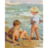 Byeli Alexei (b.1927) Russian, 'Children On The Beach', oil on board, signed, 10.5"x8.5", 27x22cm.