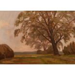 John Brown (20th century) Scottish, A view of a pathway by trees, oil on board, signed with
