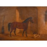 19th century English school, a horse and dog in a stable, oil on canvas, 18" x 24".