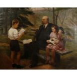 20th Century Russian School. A Portrait of Lenin Seated on a Bench with two Young Children, Oil on