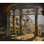 Jack Cross (early 20th century) British, 'A view of Town Through Columns', oil on panel, signed with