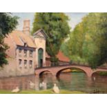 E. Lalonge (20th century) French school, a river landscape with a bridge and buildings, oil on