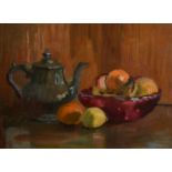 Faith Sheppard (B.1920) British, a still life study of mixed fruit and a teapot, oil on board, 13.5"