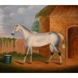 19th century school, A portrait of a horse outside a stable block, oil on canvas, 20" x 23".