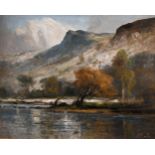 Frank T. Carter (1853-1934) British, A river landscape with rocky mountains beyond, oil on board,