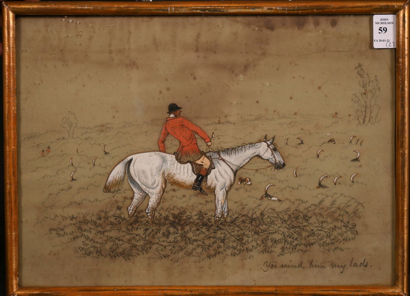 A pair of humorous 19th century pastel studies of huntsmen, each 10" x 14". Inscribed verso. - Image 2 of 5