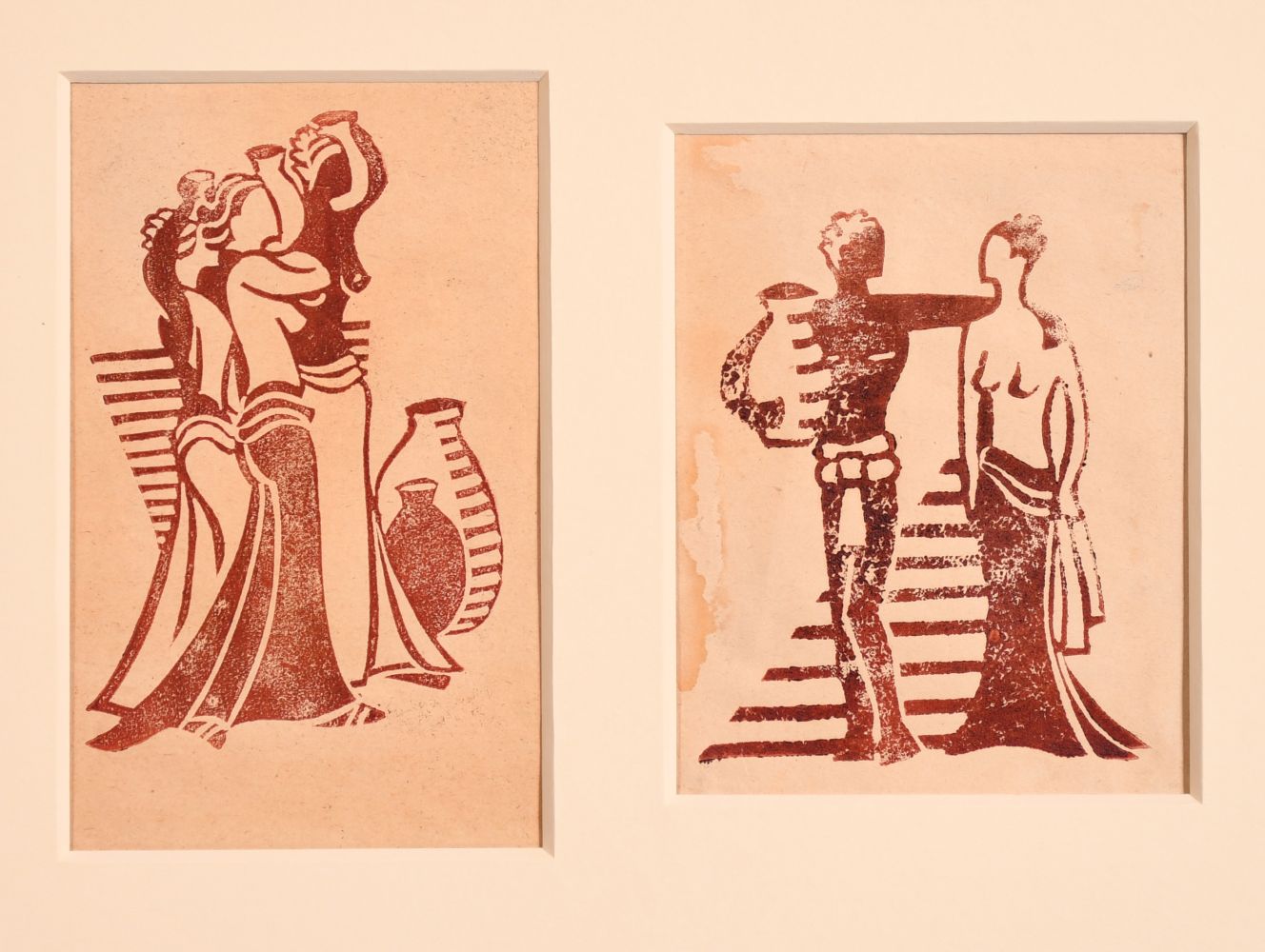 Attributed to Lill Tschudi (1911-2004) Swiss, Female figures with classical urns, linocut, one 5.