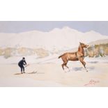 Carlo Pellegrini (1839-1889) Italian, 'Skijoring', A figure on skis being pulled behind a horse,