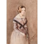 19th century French school, Three quarter length study of a young woman, watercolour, indistinctly