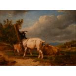 19th century school, goats and sheep in a farmland setting, oil on card, indistinctly signed and