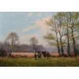 James Wright, British, "Time For A Break", A man and his horses having a rest from ploughing, oil on