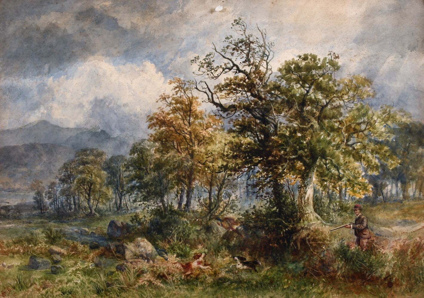 William Ellis (19th/20th century) British, A huntsman and his dogs shooting pheasants,