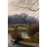 R. Midgley (Early 20th century) 'Near Kirkham', a river landscape with a bridge, oil on canvas,