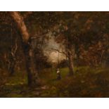 19th Century French School, A Barbizon scene of a figure in a forest, indistinctly signed, 8" x