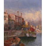 Early 20th century, a view of barges at a continental quayside, oil on canvas, indistinctly