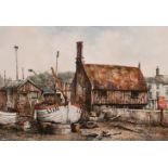 20th century school, "Aldeburgh", A scene of a boatyard with a town beyond, watercolour,