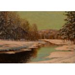 Bergstrom (20th century) Swedish school, a snowy River landscape, oil on board, signed, 13" x 18".