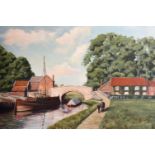 Michael Wood (20th century) A figure and horse on a towpath pulling a barge, oil on canvas,