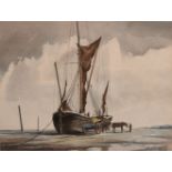 Roger Finch (1924-1989) British, a study of a moored boat at low tide, with a figure leading a horse