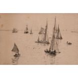 William Lionel Wyllie (1851-1931) British, A scene of sailboats off a headland, etching, 6.5" x 9".